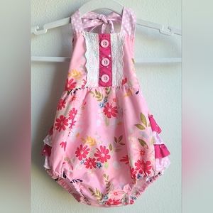Melina & Me Girls' Pink Floral Tie Back Romper With Ruffled Bottom, Sz XXS